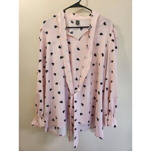 Shein Curve Pink Heart Print Tie Neck Blouse Long Sleeve Ruffle Cuff 4XL Plus Sz